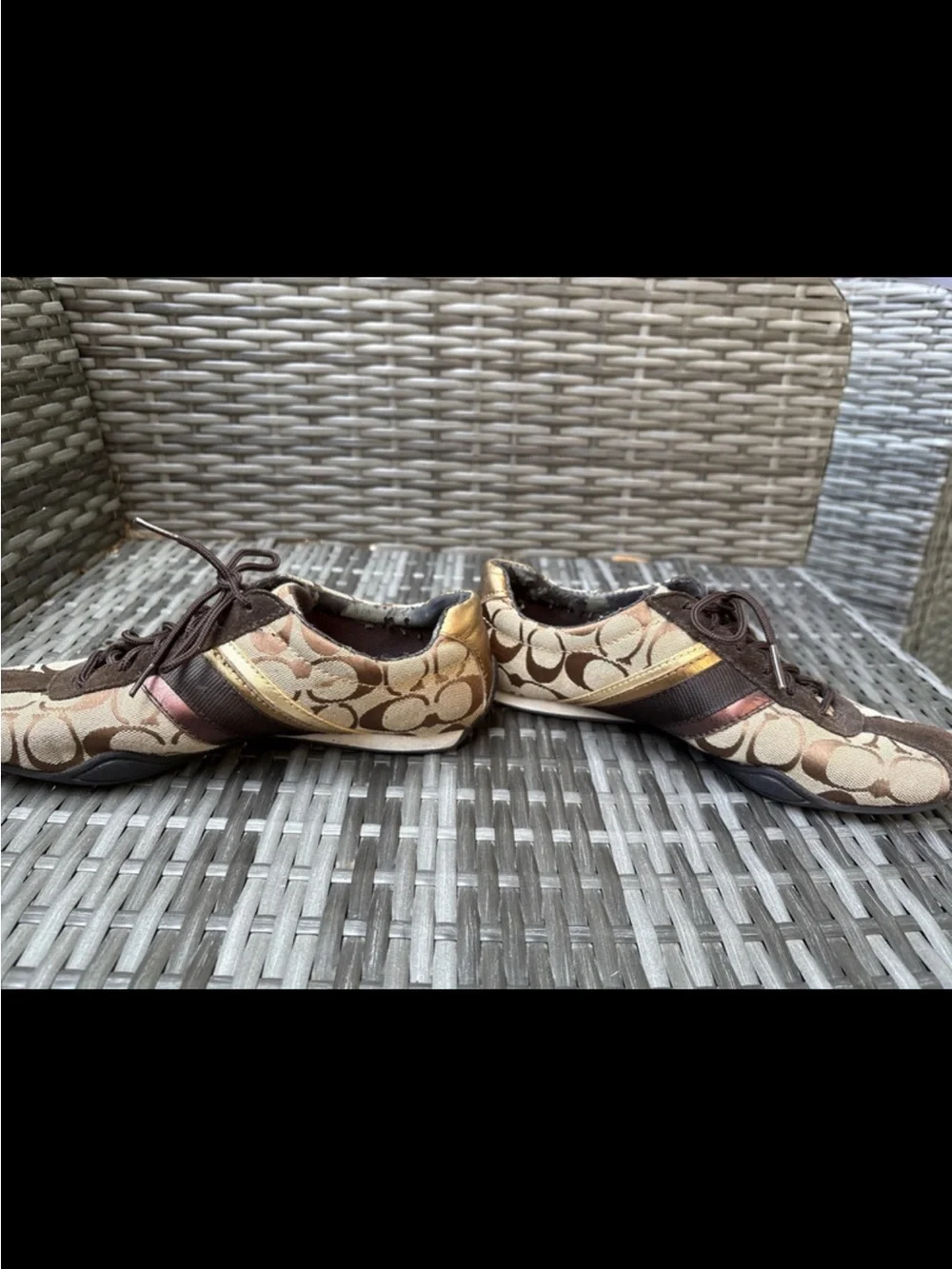 Coach Brown Signature Canvas Sneakers with Gold & Bronze Stripes - Women